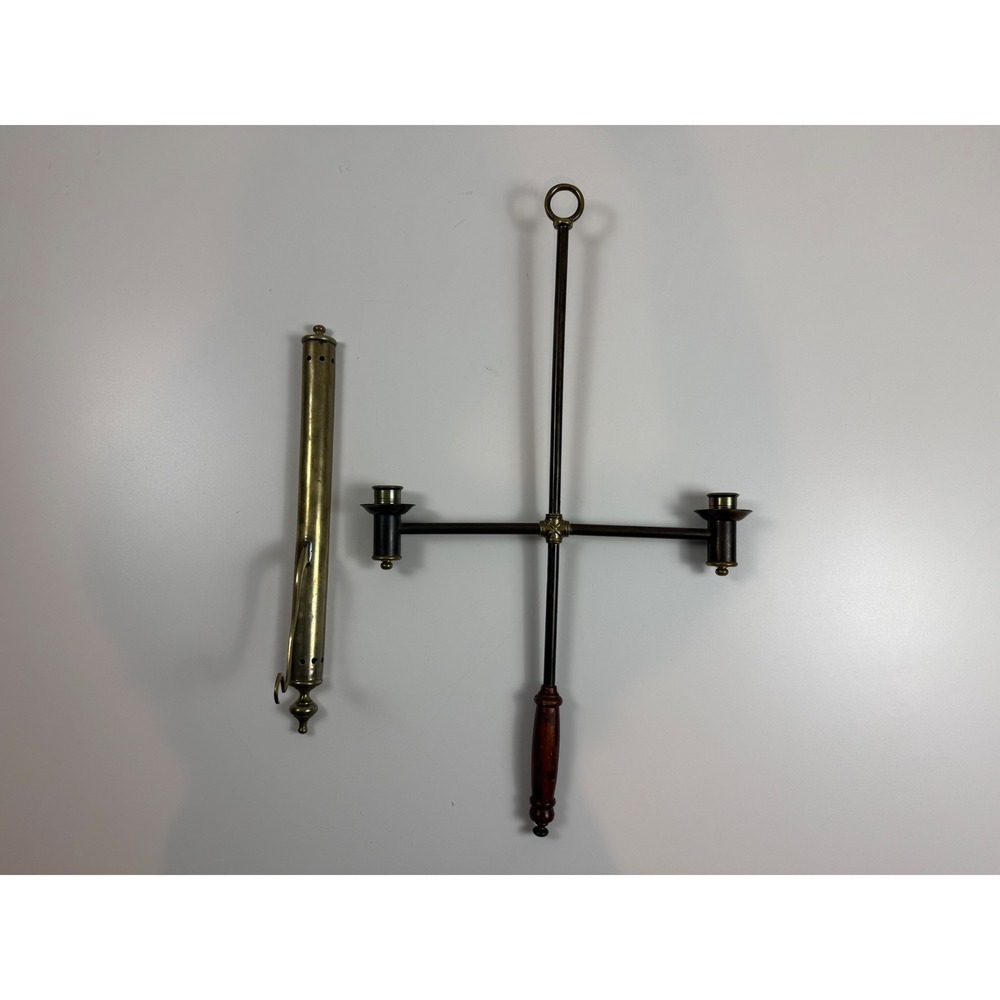 RARE CHURCH PROCESSIONAL CANDLE HOLDER BRASS‎ CROSS CANDELABRA WOOD HANDLE